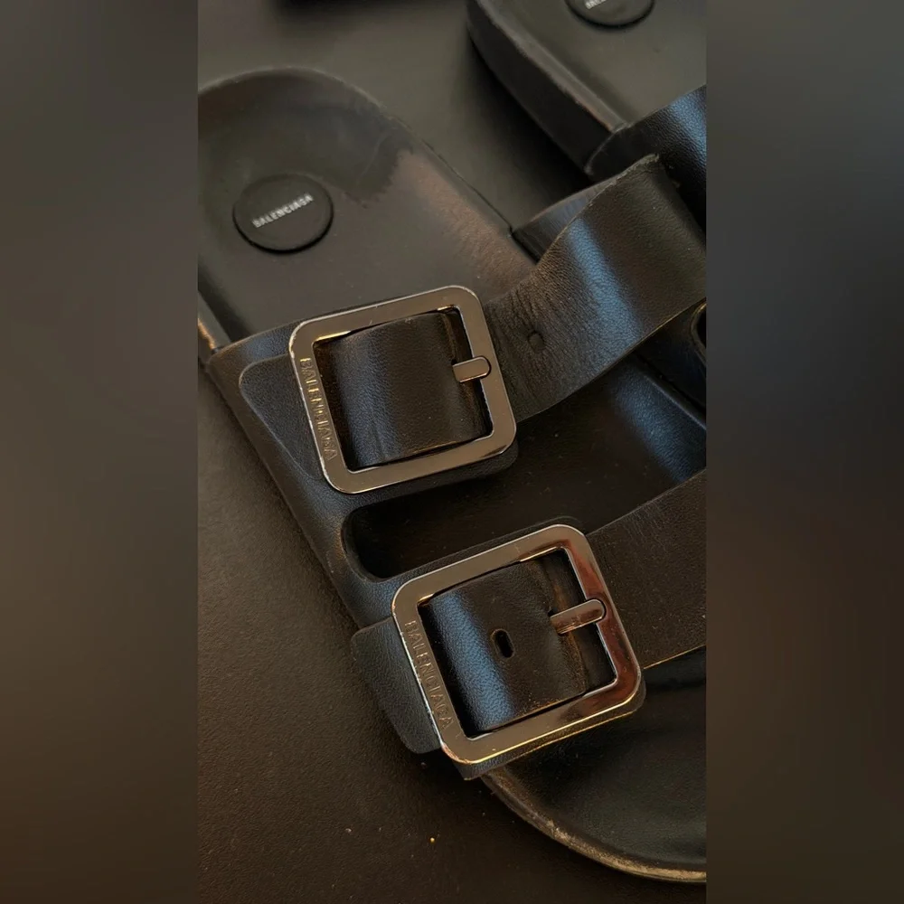 Balenciaga Black Leather Double Strap Buckle Slides - Picture 4 of 7